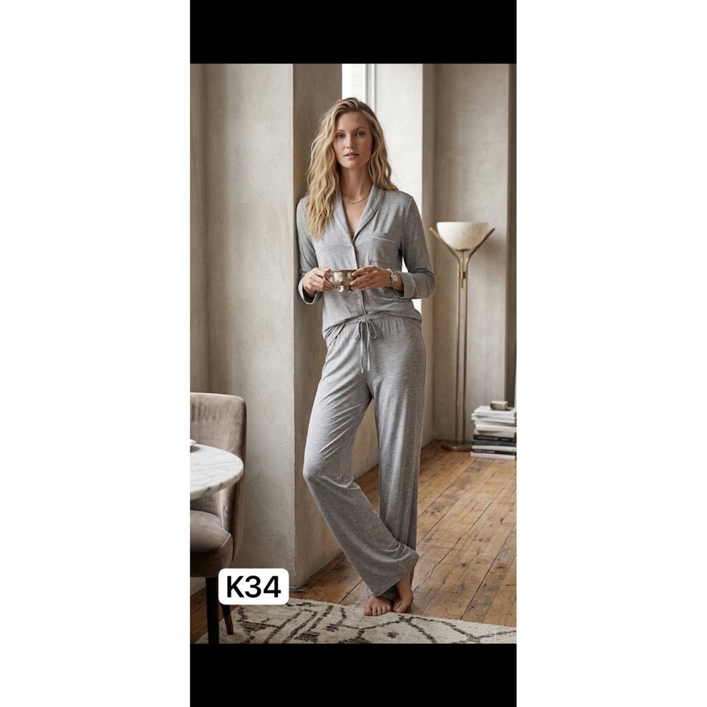 NORDSTROM Lingerie Knit Notch Collar Pajama Set Modal Sz M Heather  Gray Long